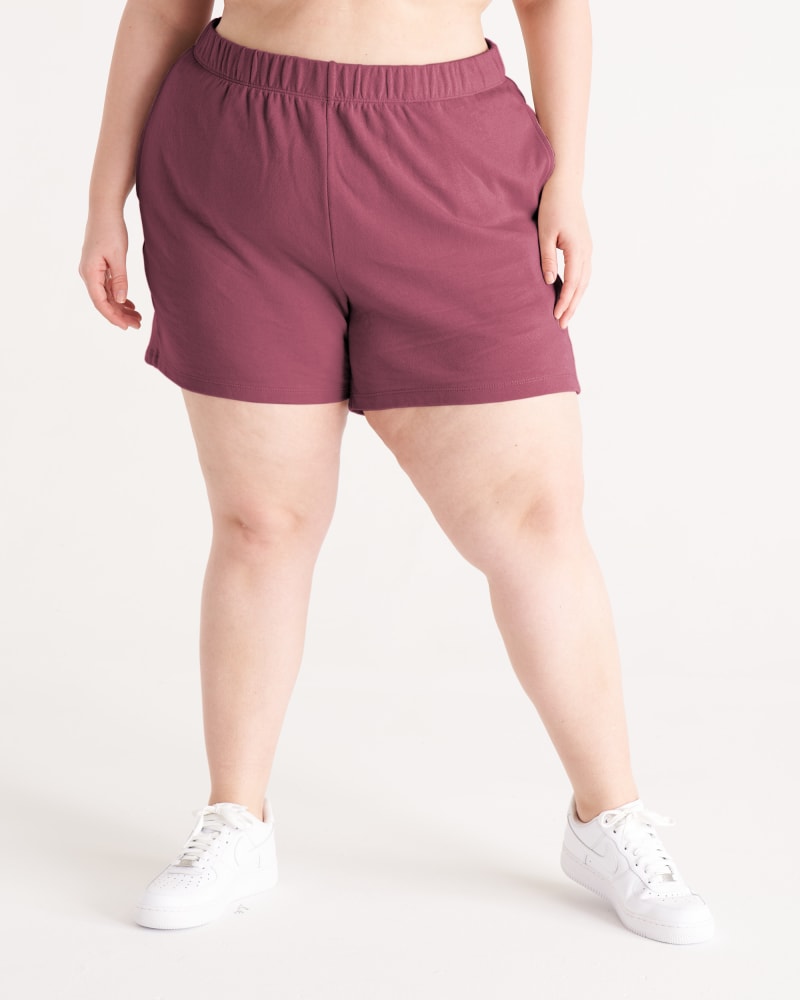 Front of a model wearing a size XL The Sweat Short in Plum by The Standard Stitch. | dia_product_style_image_id:288221